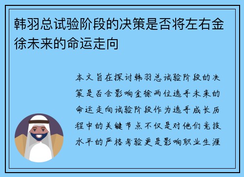 韩羽总试验阶段的决策是否将左右金徐未来的命运走向