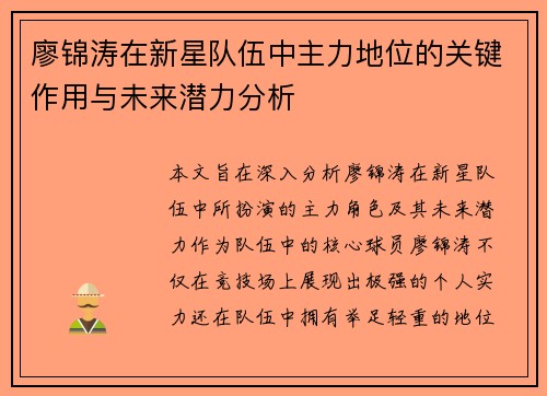 廖锦涛在新星队伍中主力地位的关键作用与未来潜力分析